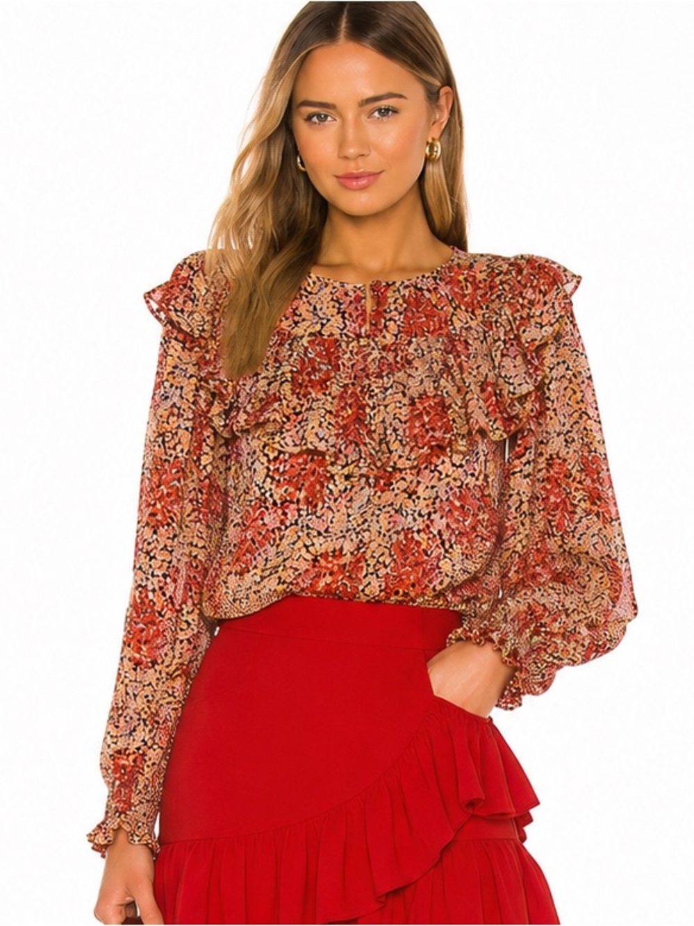 LoveShackFancy Silk Ruffle Floral Print Blouse top large